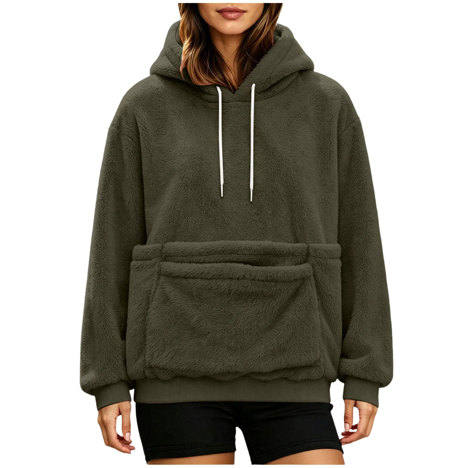 Women Furry Hoodie With Dog Kangaroo Pocket Fleece Solid Color Pocket Hooded Tops Funny Pullover Womens Athletic Sweatshirts