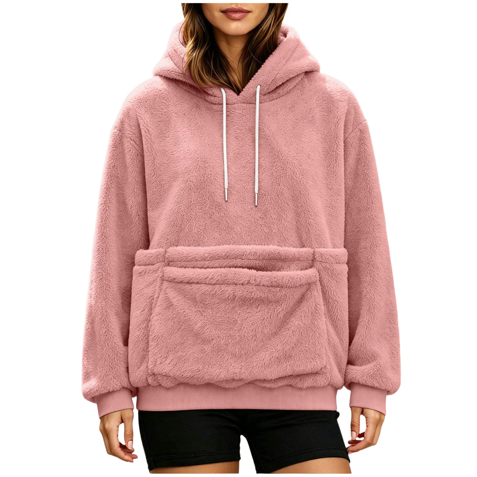 Women Furry Hoodie With Dog Kangaroo Pocket Fleece Solid Color Pocket Hooded Tops Funny Pullover Womens Athletic Sweatshirts
