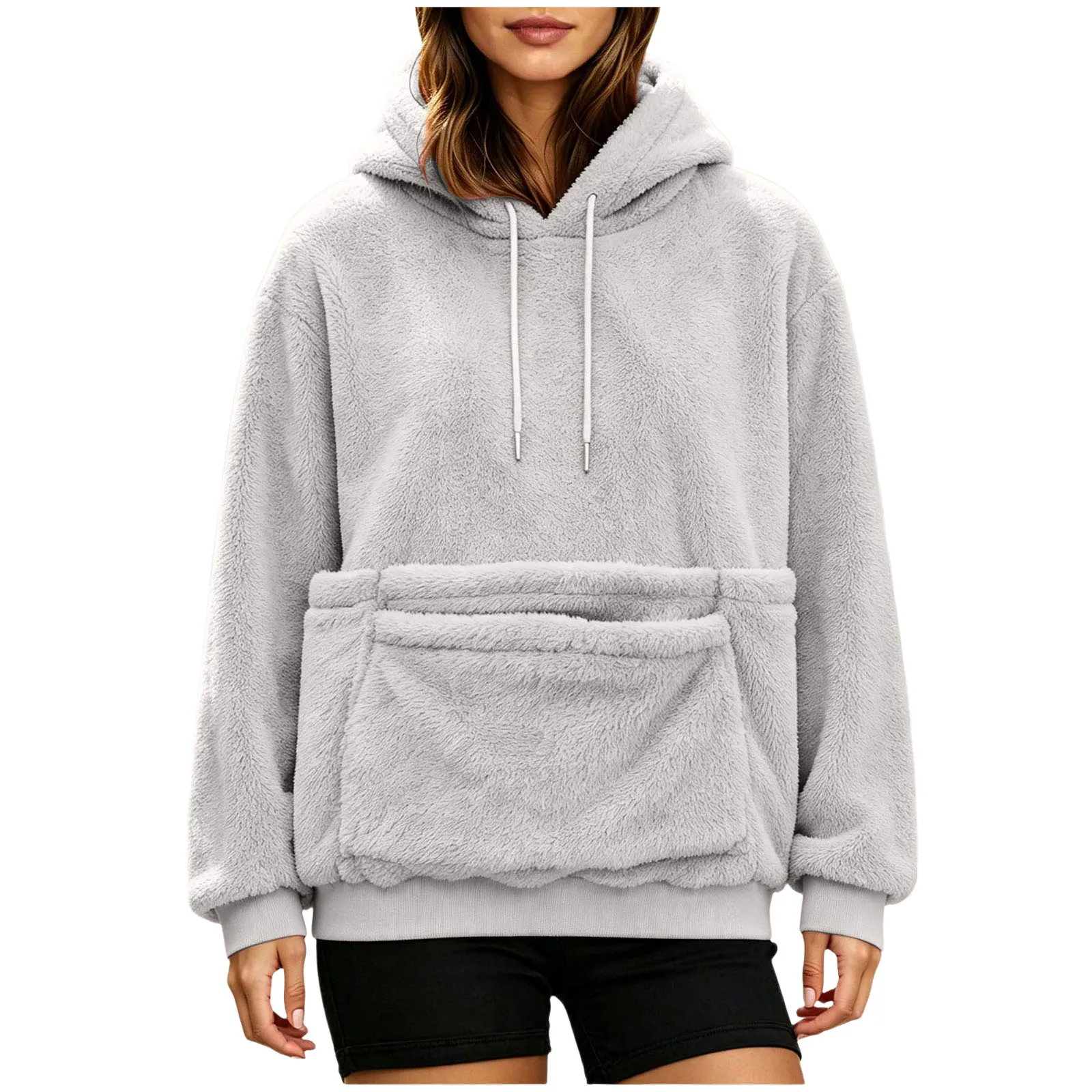 Women Furry Hoodie With Dog Kangaroo Pocket Fleece Solid Color Pocket Hooded Tops Funny Pullover Womens Athletic Sweatshirts