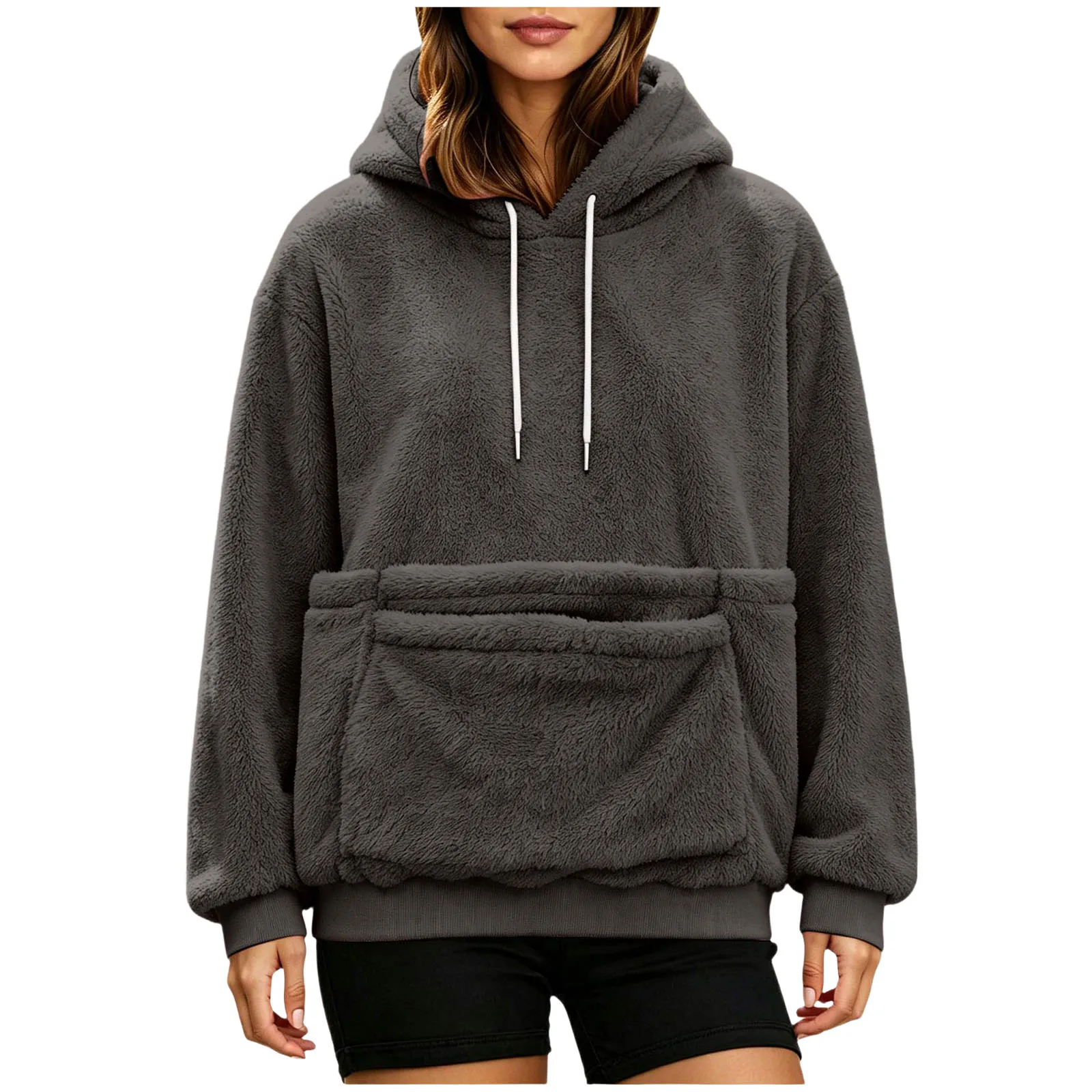 Women Furry Hoodie With Dog Kangaroo Pocket Fleece Solid Color Pocket Hooded Tops Funny Pullover Womens Athletic Sweatshirts