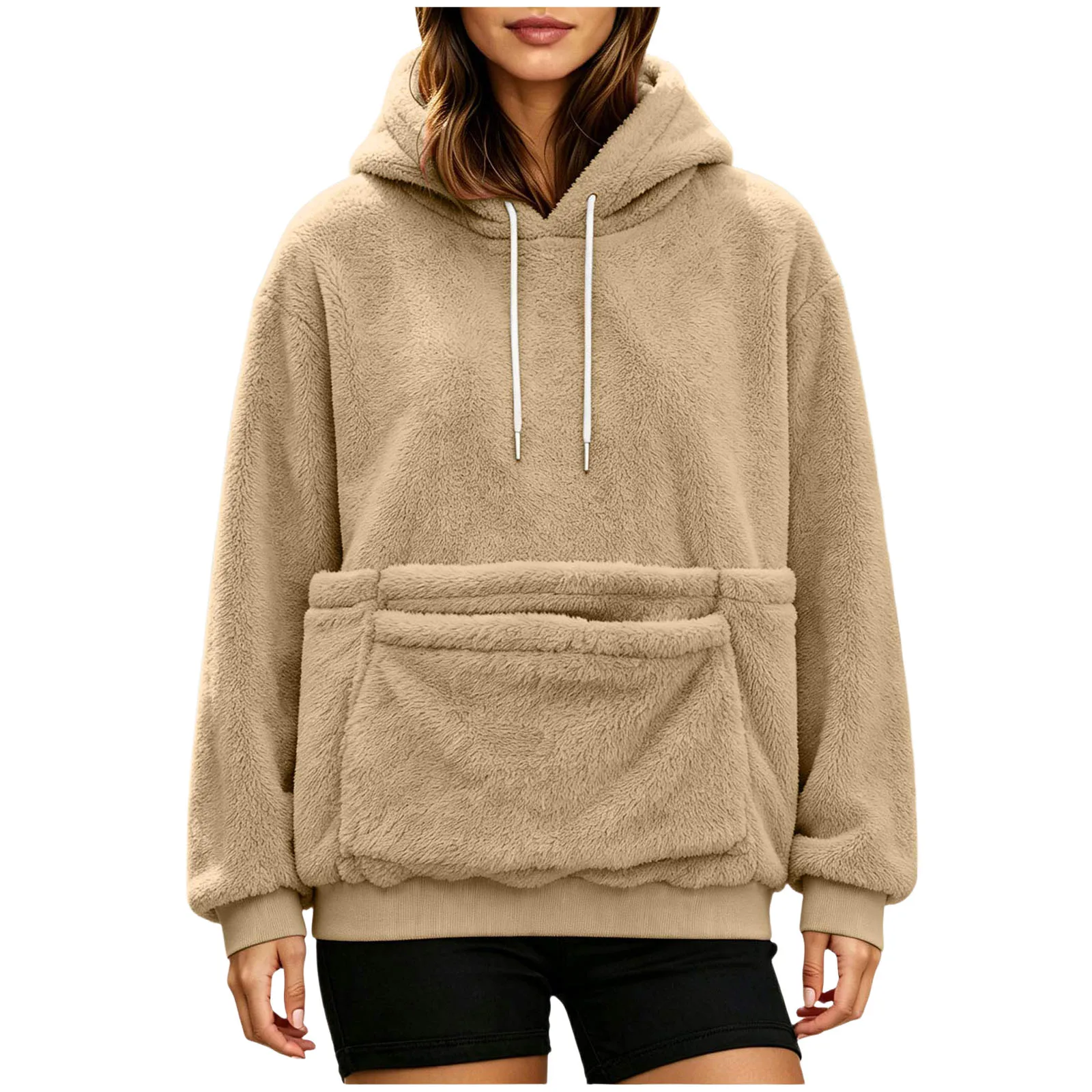 Women Furry Hoodie With Dog Kangaroo Pocket Fleece Solid Color Pocket Hooded Tops Funny Pullover Womens Athletic Sweatshirts