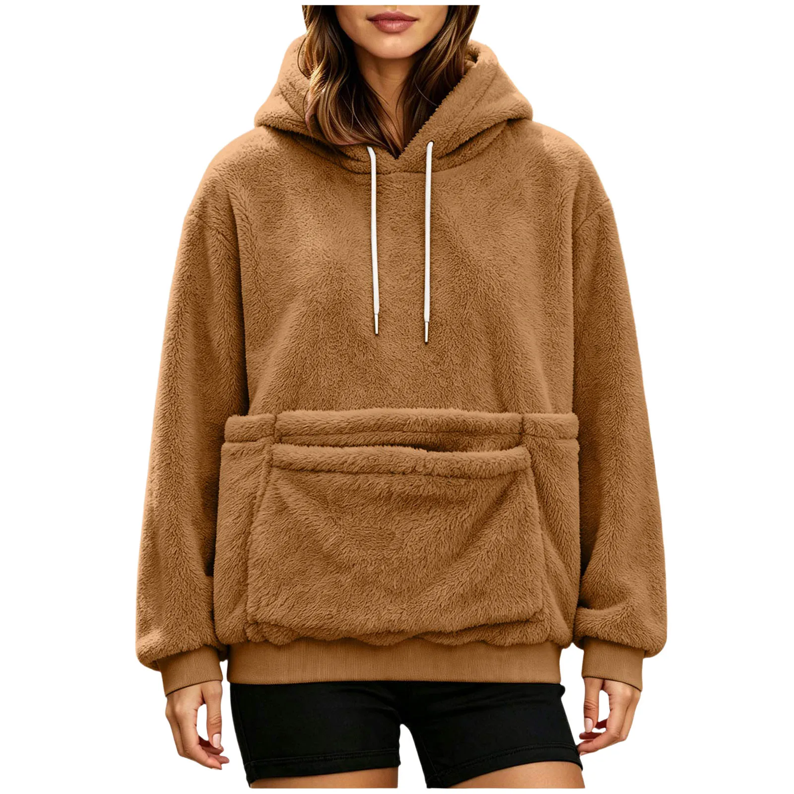 Women Furry Hoodie With Dog Kangaroo Pocket Fleece Solid Color Pocket Hooded Tops Funny Pullover Womens Athletic Sweatshirts