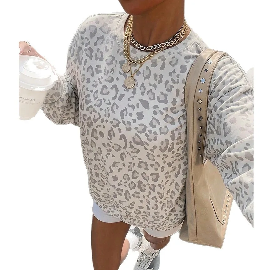 2026 Autumn and Winter New Women's Clothing Leopard Print Crew Neck Printing Loose Sweatshirt Sweater