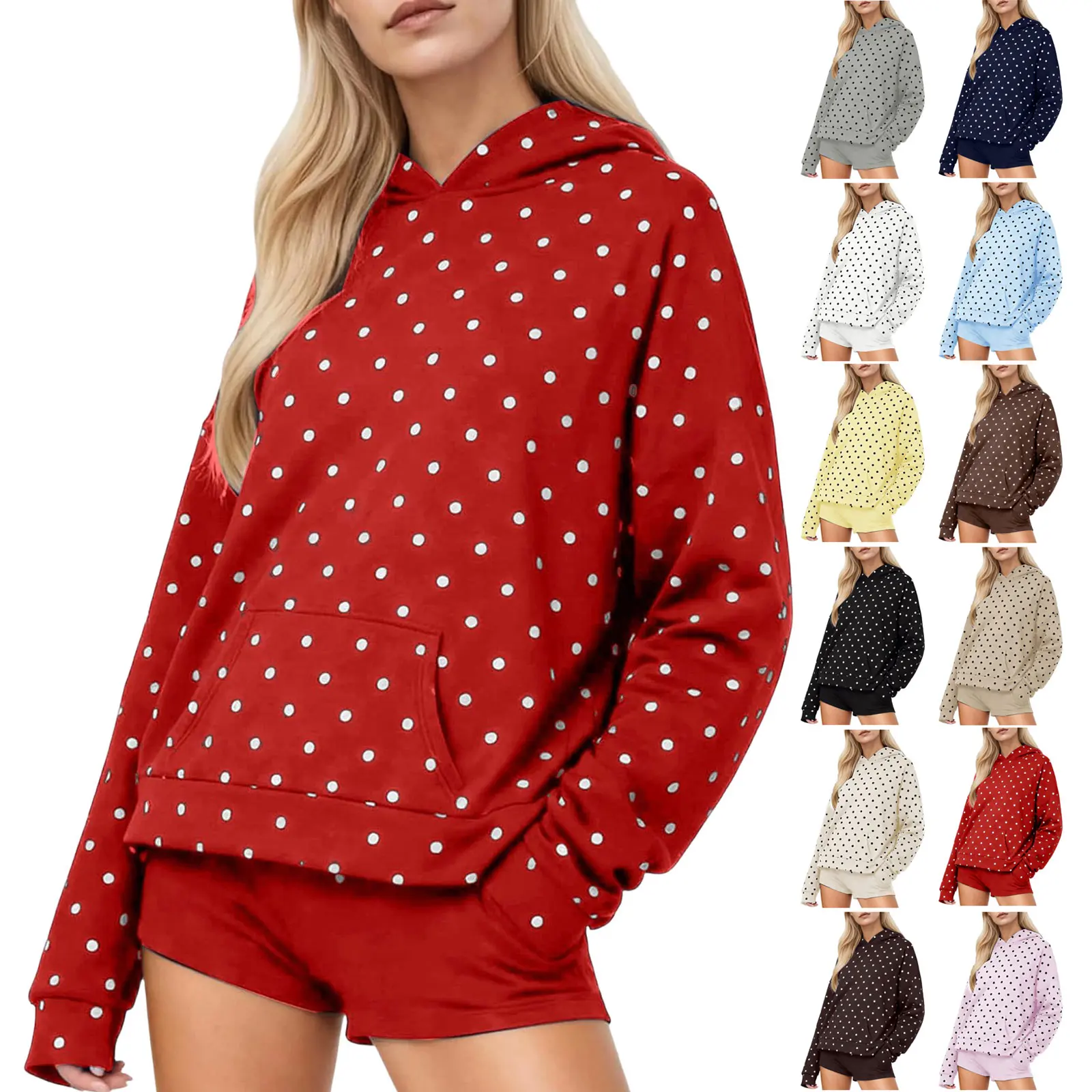 Vintage Polka Dot Hoodies Oversized Women Sweatshirts Harajuku Autumn Long Sleeve Hooded Pullover Tops With Pocket Streetwear