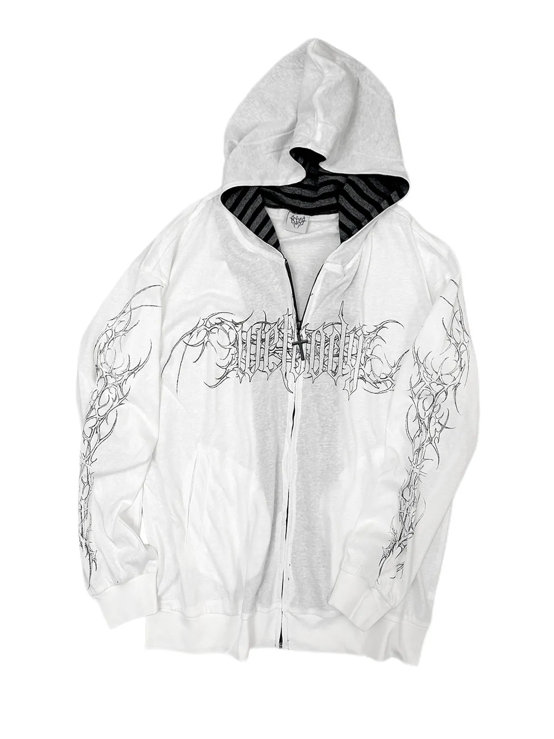Y2K Gothic Zip Up Hoodie White Thorn Letter Graphic Hooded Jacket Striped Inner Lining Dark Streetwear Unisex Coat