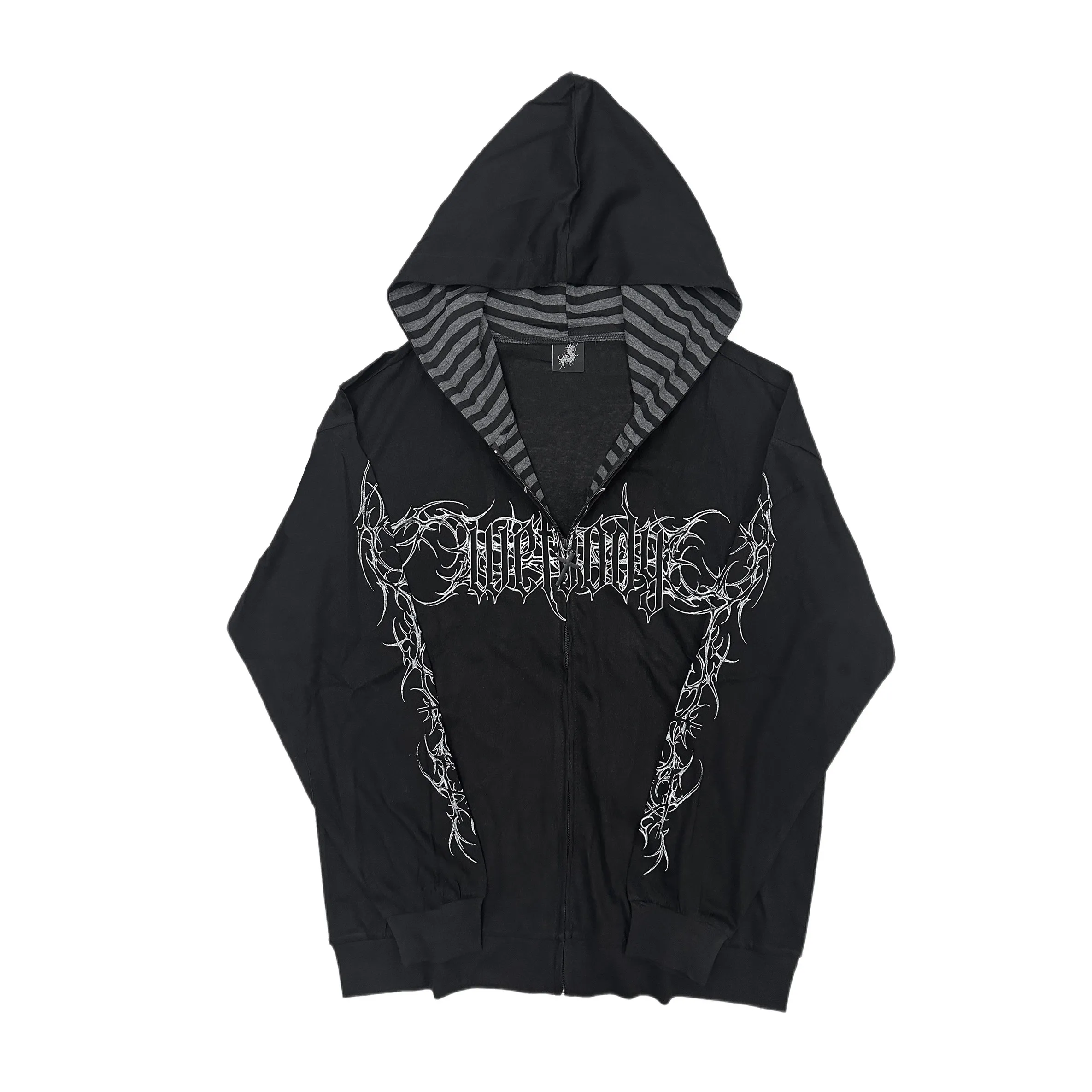 Y2K Gothic Zip Up Hoodie White Thorn Letter Graphic Hooded Jacket Striped Inner Lining Dark Streetwear Unisex Coat