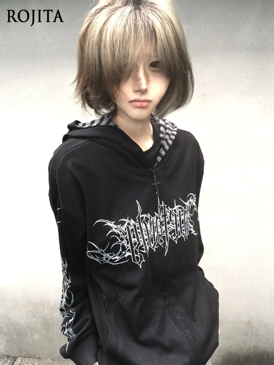 Y2K Gothic Zip Up Hoodie White Thorn Letter Graphic Hooded Jacket Striped Inner Lining Dark Streetwear Unisex Coat