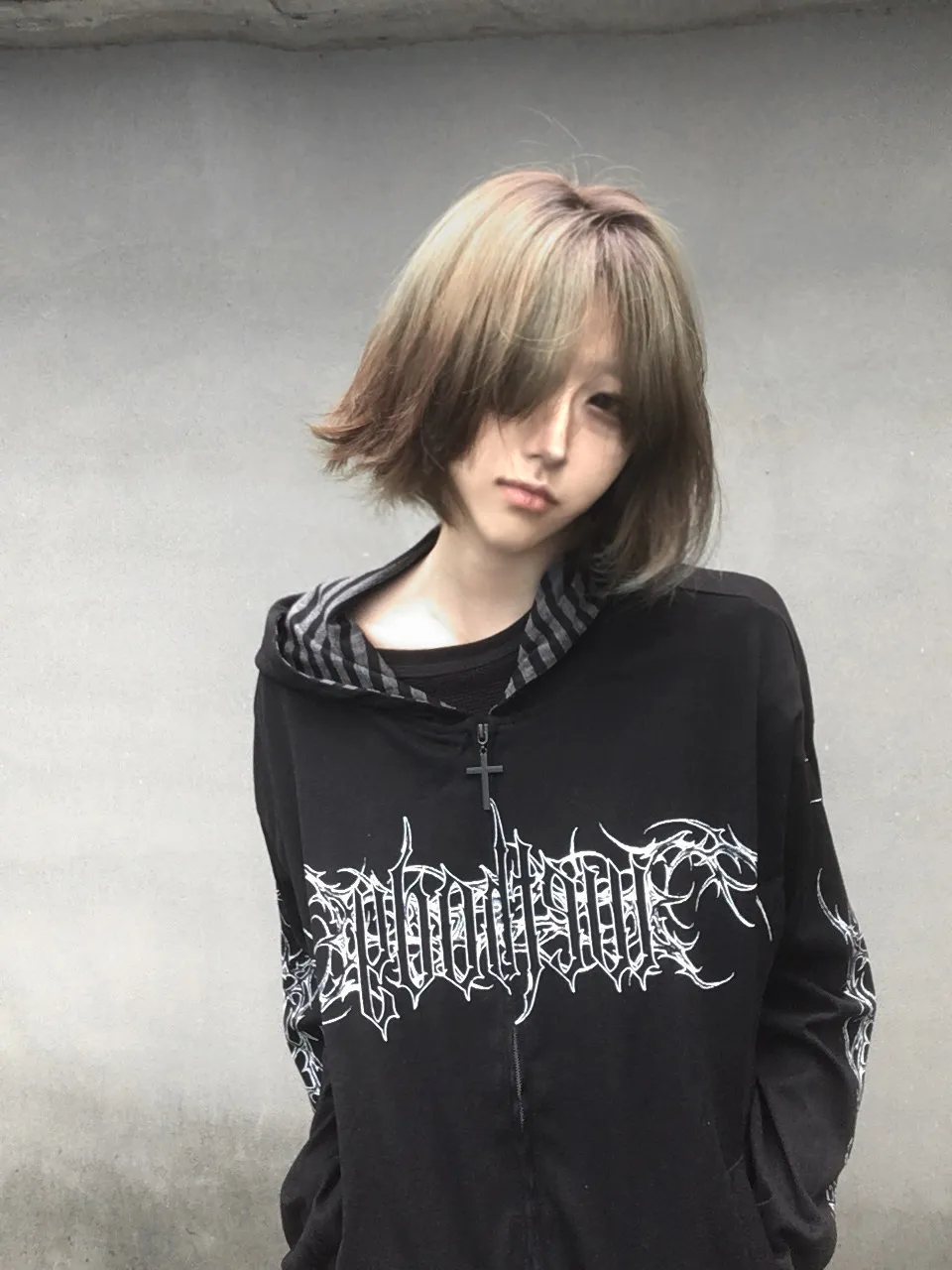 Y2K Gothic Zip Up Hoodie White Thorn Letter Graphic Hooded Jacket Striped Inner Lining Dark Streetwear Unisex Coat