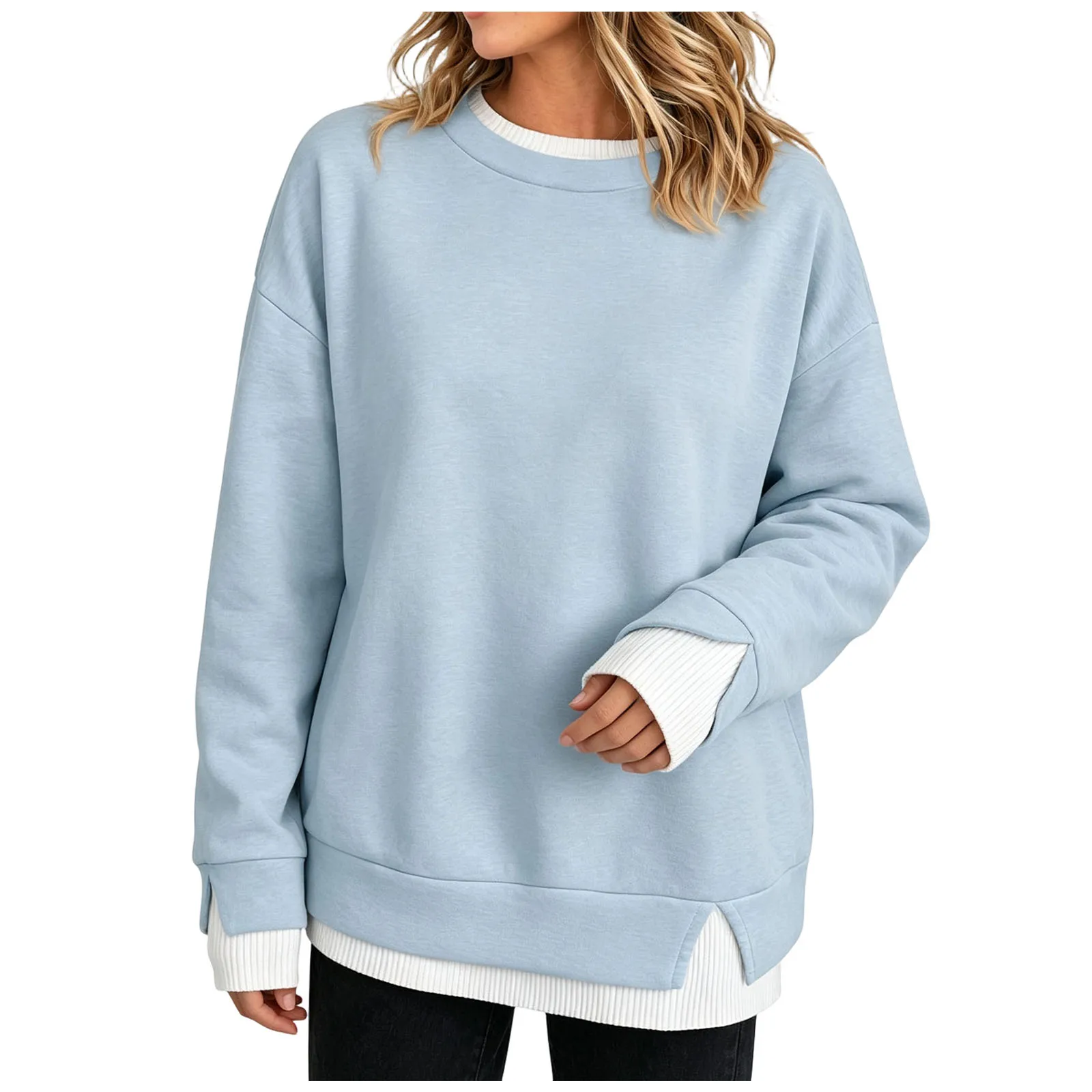 Autumn Womens Crewneck Sweatshirt Fake 2‑in‑1 Hoodie Contrast Color Patchwork Long Sleeve Crew Neck Pullover Top Daily Wear