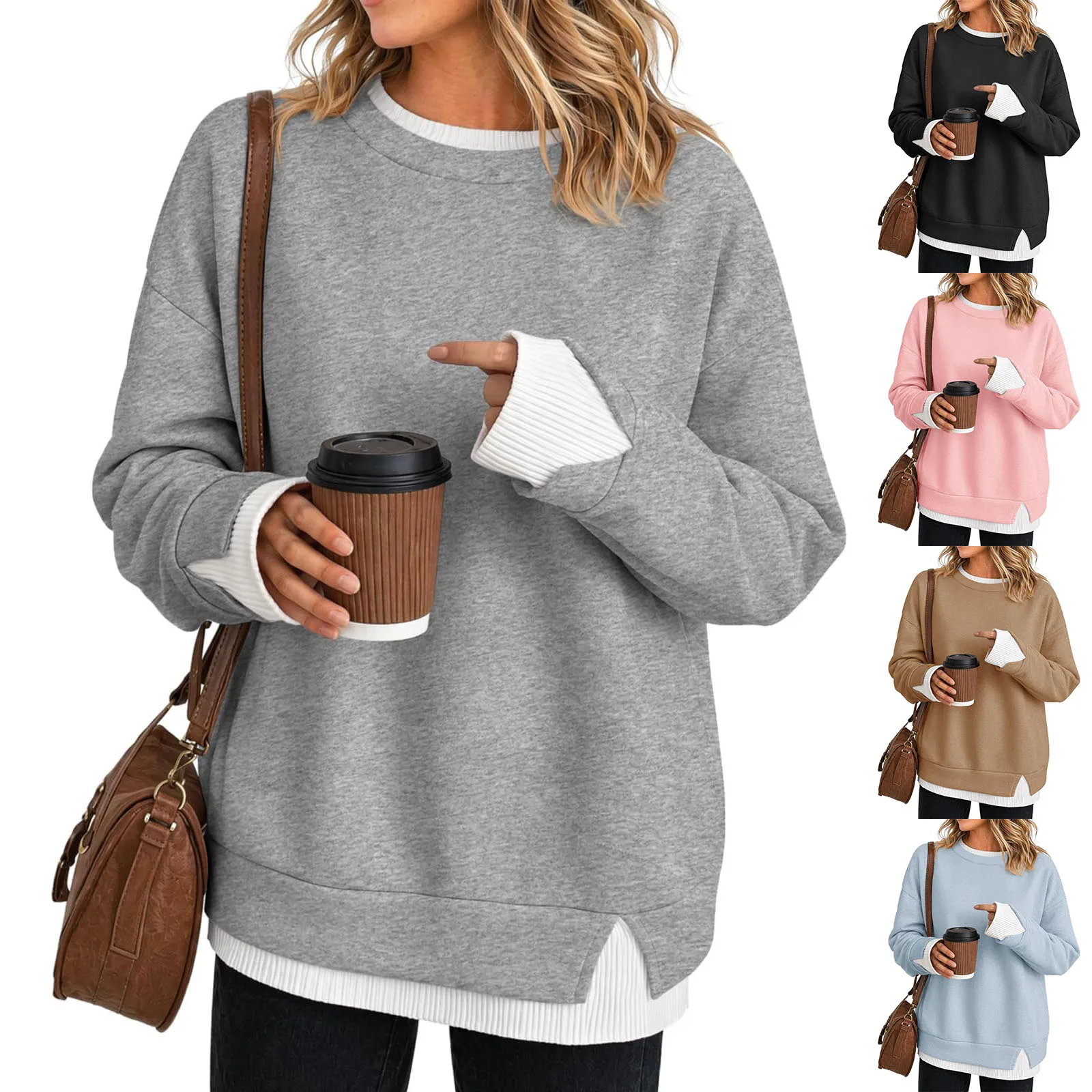 Autumn Womens Crewneck Sweatshirt Fake 2‑in‑1 Hoodie Contrast Color Patchwork Long Sleeve Crew Neck Pullover Top Daily Wear