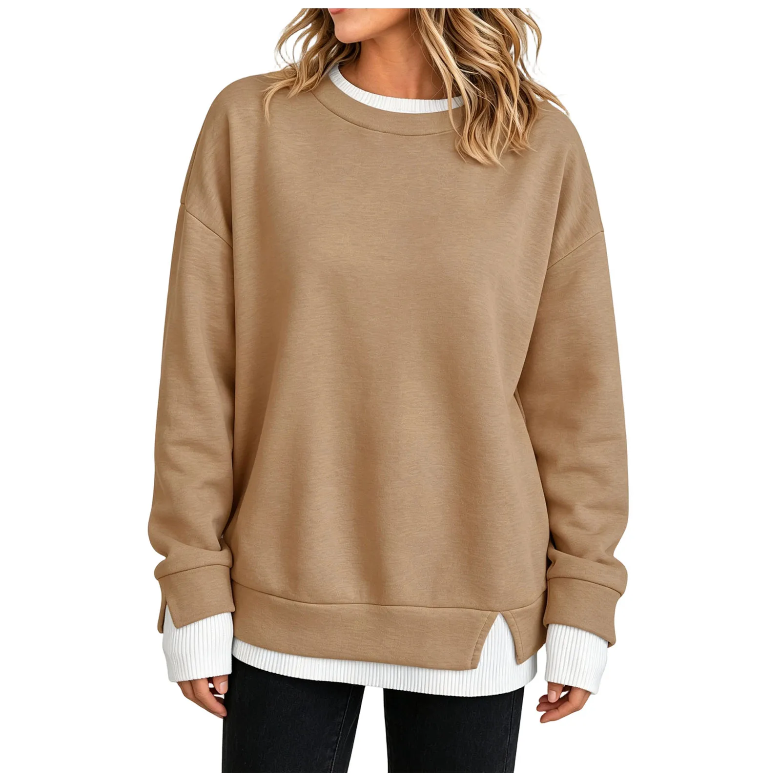 Autumn Womens Crewneck Sweatshirt Fake 2‑in‑1 Hoodie Contrast Color Patchwork Long Sleeve Crew Neck Pullover Top Daily Wear