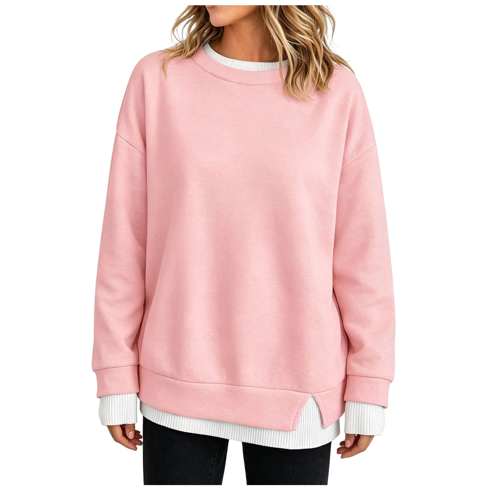 Autumn Womens Crewneck Sweatshirt Fake 2‑in‑1 Hoodie Contrast Color Patchwork Long Sleeve Crew Neck Pullover Top Daily Wear