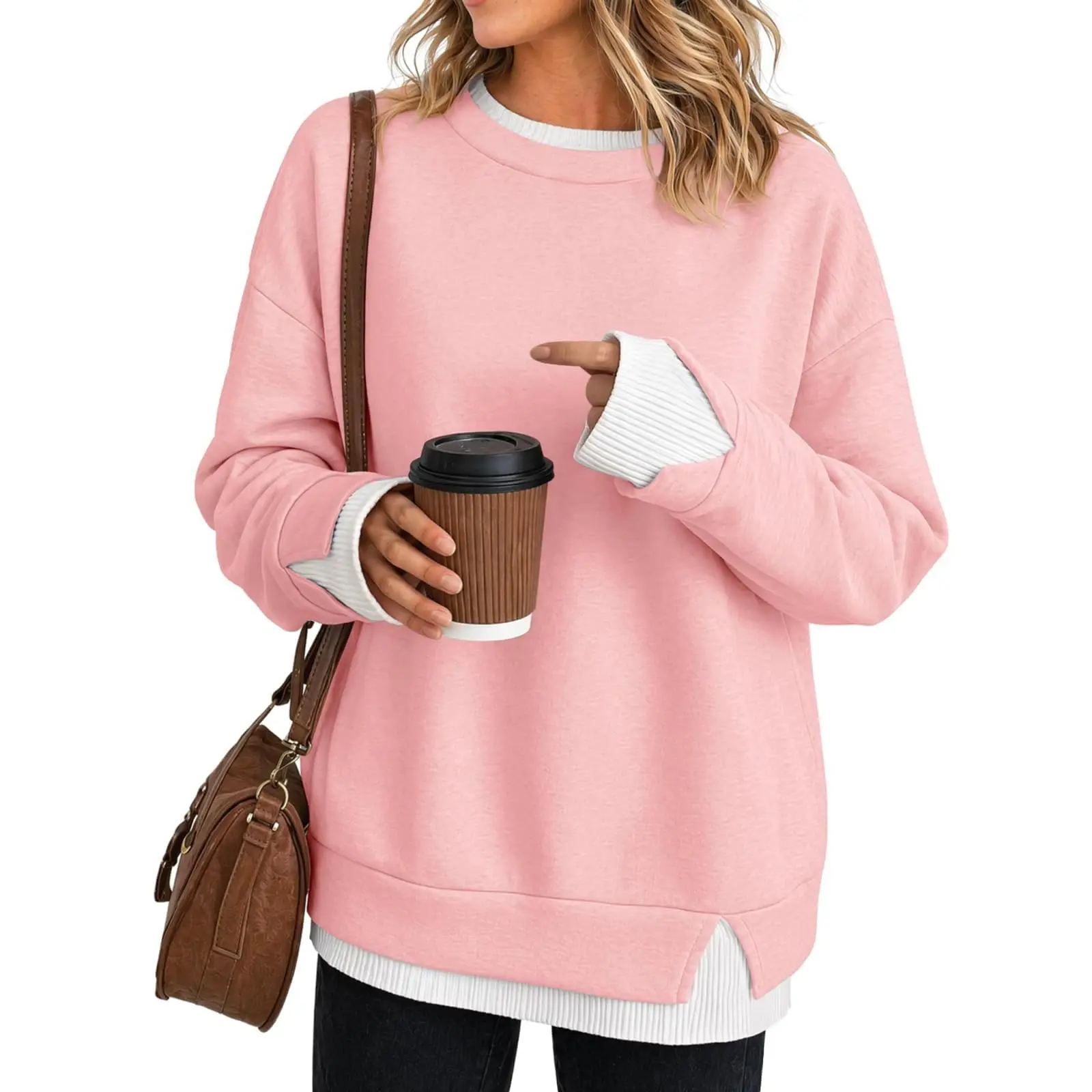 Autumn Womens Crewneck Sweatshirt Fake 2‑in‑1 Hoodie Contrast Color Patchwork Long Sleeve Crew Neck Pullover Top Daily Wear