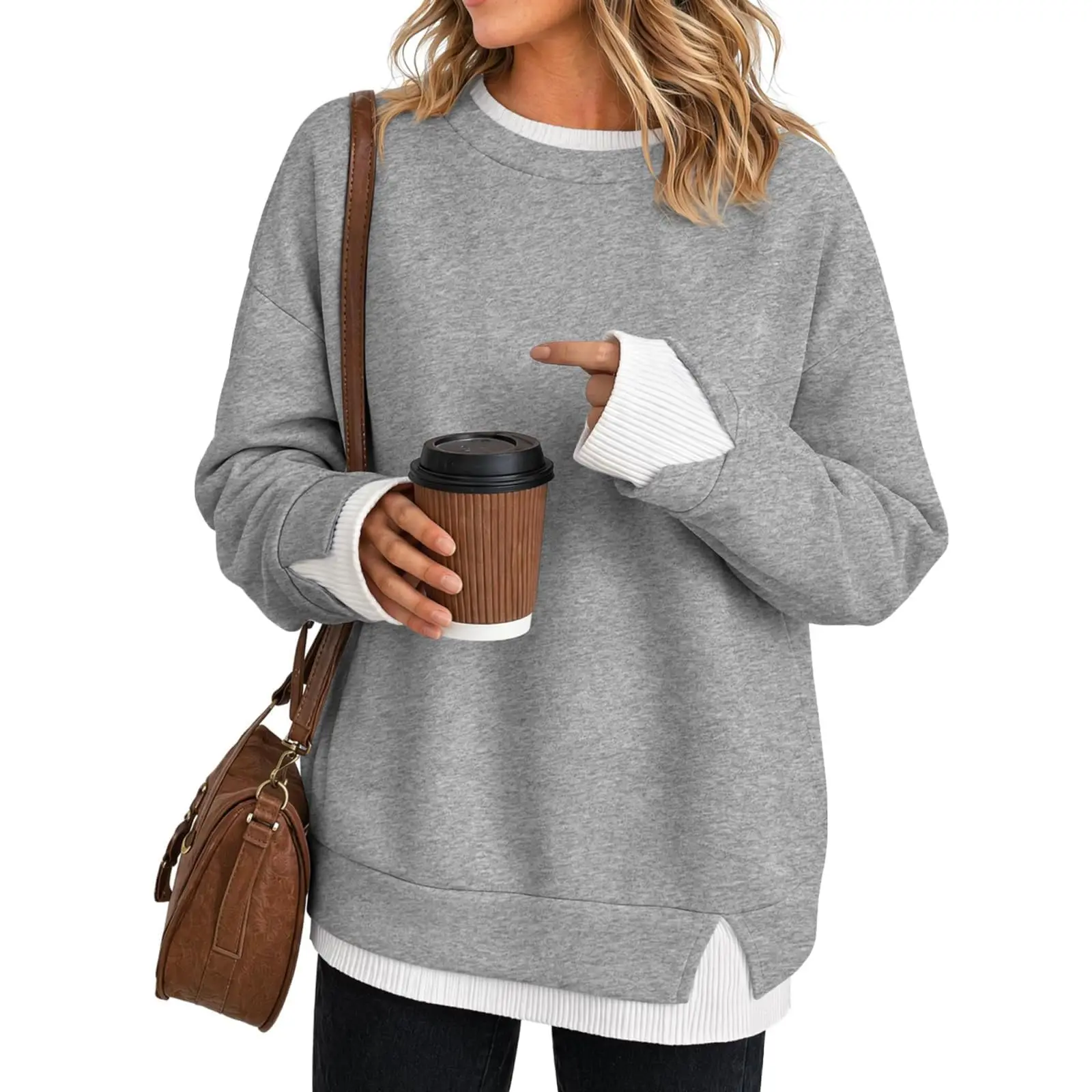 Autumn Womens Crewneck Sweatshirt Fake 2‑in‑1 Hoodie Contrast Color Patchwork Long Sleeve Crew Neck Pullover Top Daily Wear