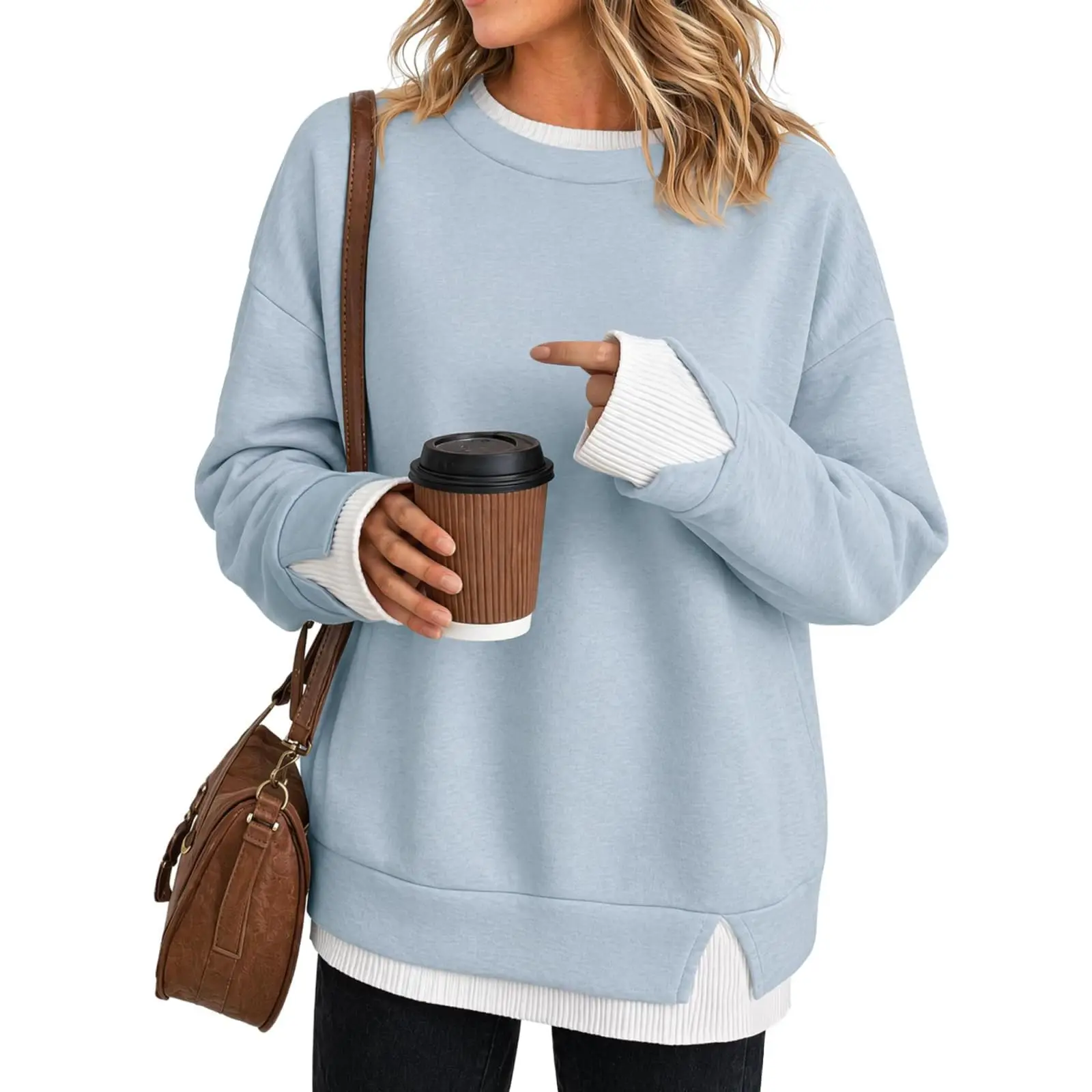 Autumn Womens Crewneck Sweatshirt Fake 2‑in‑1 Hoodie Contrast Color Patchwork Long Sleeve Crew Neck Pullover Top Daily Wear