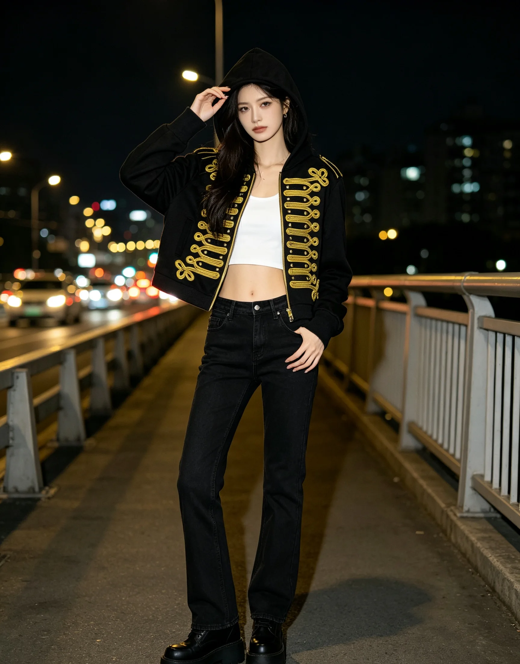 Punk Military Braided Trim Zip‑Up Hoodie Unisex Baggy Cropped Retro Alt Streetwear Outerwear Jacket