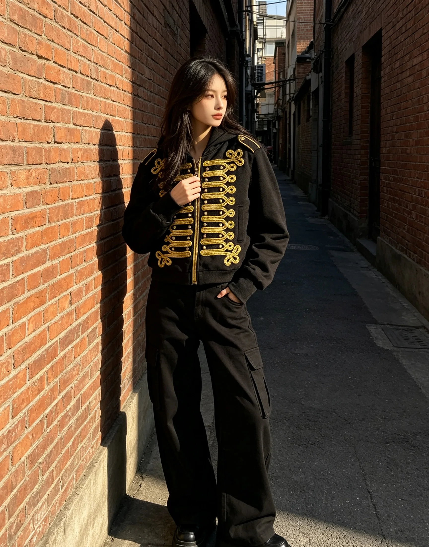 Punk Military Braided Trim Zip‑Up Hoodie Unisex Baggy Cropped Retro Alt Streetwear Outerwear Jacket