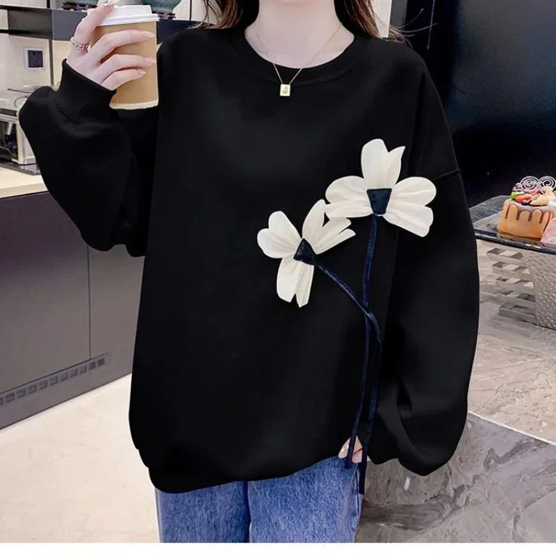 Women's Clothing Korean Autumn Winter Tie Flowers Solid Color Lantern Long Sleeve Pullover Hoodies Casual Loose Flattering Tops
