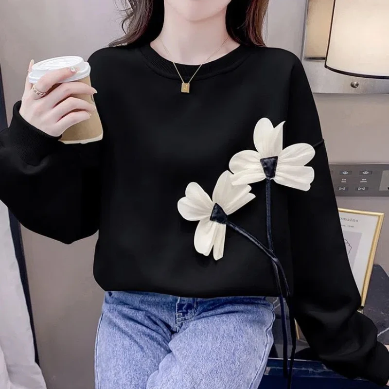 Women's Clothing Korean Autumn Winter Tie Flowers Solid Color Lantern Long Sleeve Pullover Hoodies Casual Loose Flattering Tops