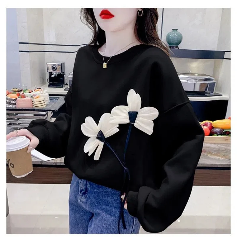 Women's Clothing Korean Autumn Winter Tie Flowers Solid Color Lantern Long Sleeve Pullover Hoodies Casual Loose Flattering Tops