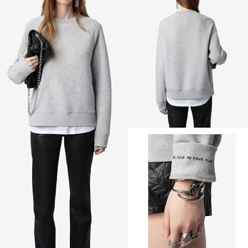 Women's grey Fleece Sweatshirt women Diamond embellished Round Neck Long Sleeve Autumn winter sweatshirt female