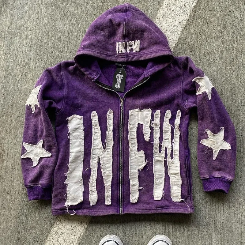 Autumn And Winter Hoodie Patchwork Letter Star Pattern Long Sleeved Pullover Hoodie Harajuku Fashionable Loose Versatile Jackets
