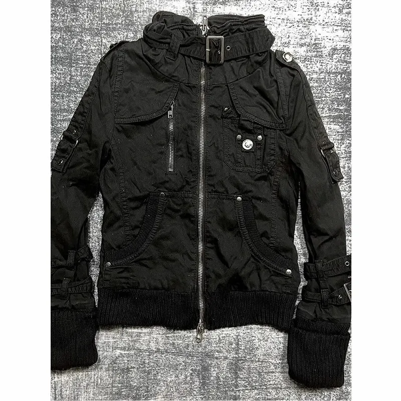 WomensY2K  Black High Neck Slim Fit Hoodie 2026 Techwear Multi Pocket Streetwear Sweatshirt Workwear Style Fashion Gothic Tops