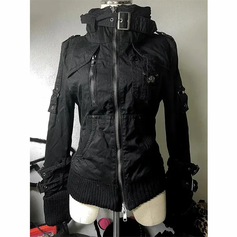 WomensY2K  Black High Neck Slim Fit Hoodie 2026 Techwear Multi Pocket Streetwear Sweatshirt Workwear Style Fashion Gothic Tops