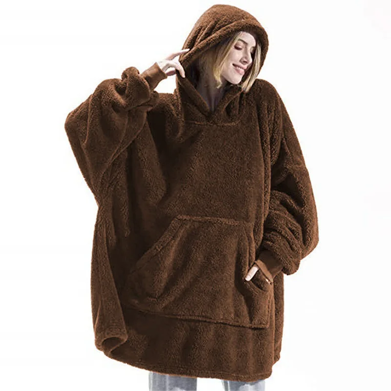2025 Winter Women's Plush Hoodie Loose Pockets Warm Fashion Street Home Solid Color One-size-fits-all Long Coat