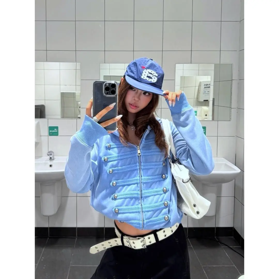 Goth Hip Hop Y2k Zip Up Hoodie Washed Vintage Double Row Silver Buckle Hoodie Sweatshirt All Match Harajuku Loose Hoodies Women
