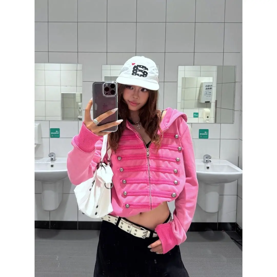 Goth Hip Hop Y2k Zip Up Hoodie Washed Vintage Double Row Silver Buckle Hoodie Sweatshirt All Match Harajuku Loose Hoodies Women