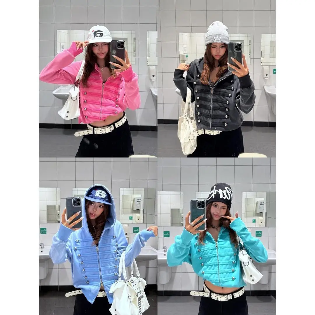 Goth Hip Hop Y2k Zip Up Hoodie Washed Vintage Double Row Silver Buckle Hoodie Sweatshirt All Match Harajuku Loose Hoodies Women