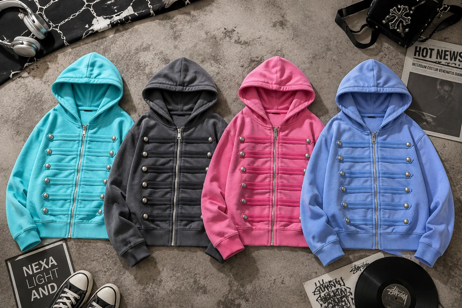 Goth Hip Hop Y2k Zip Up Hoodie Washed Vintage Double Row Silver Buckle Hoodie Sweatshirt All Match Harajuku Loose Hoodies Women