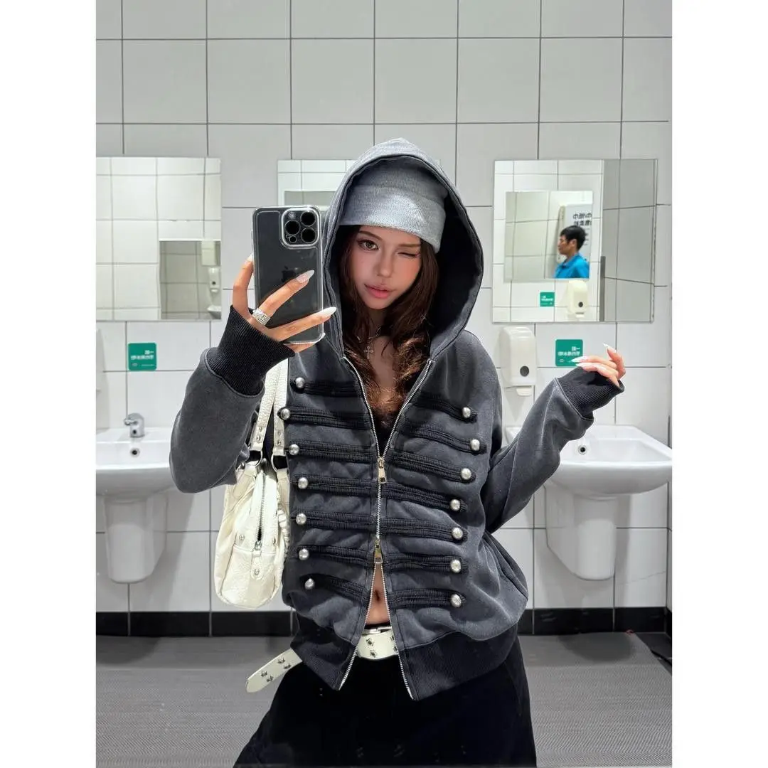 Goth Hip Hop Y2k Zip Up Hoodie Washed Vintage Double Row Silver Buckle Hoodie Sweatshirt All Match Harajuku Loose Hoodies Women