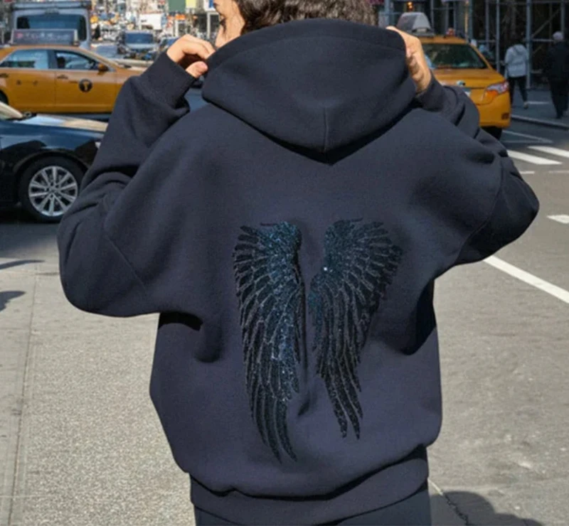 Sequin Angel's Wings Hoodies Women Chic Loose Long Sleeve Pullovers Top Slim Yoga Pant Set 2026 New Casual Lady Two Piece Sets