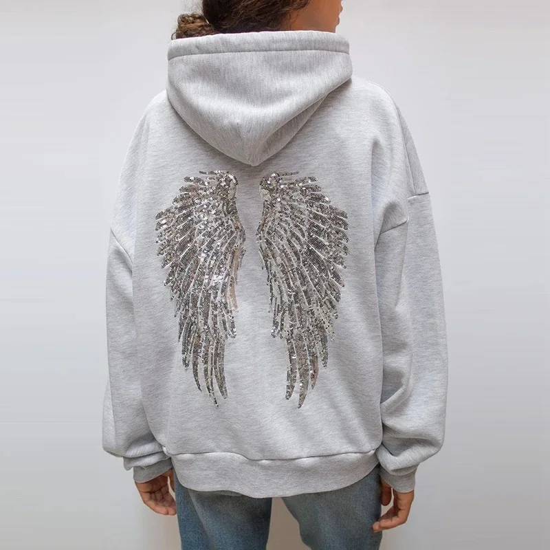 Sequin Angel's Wings Hoodies Women Chic Loose Long Sleeve Pullovers Top Slim Yoga Pant Set 2026 New Casual Lady Two Piece Sets