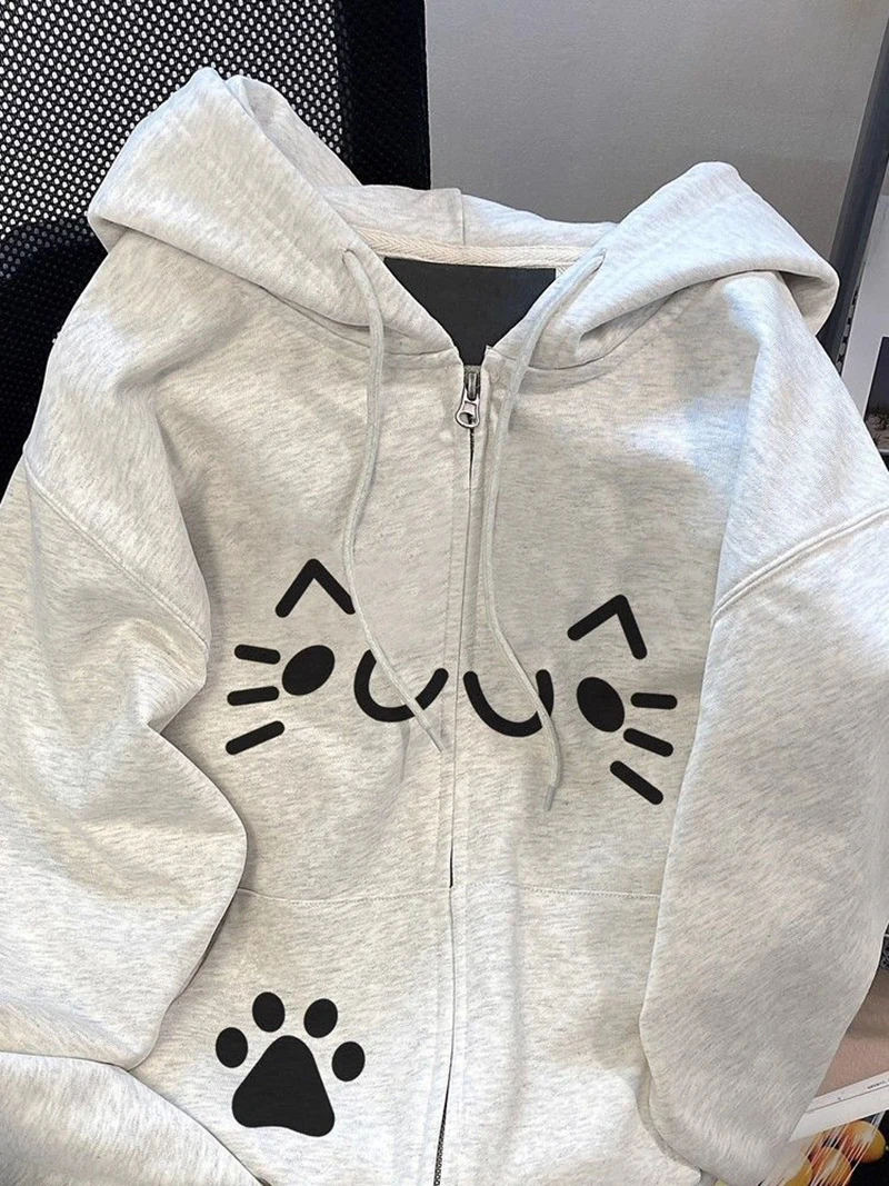 Women Cute Print Hoodies Winter Thick Warm Loose Preppy Style Kawaii Sweatshirts Casual Long Sleeve Female Sweet Zipper Chic Top