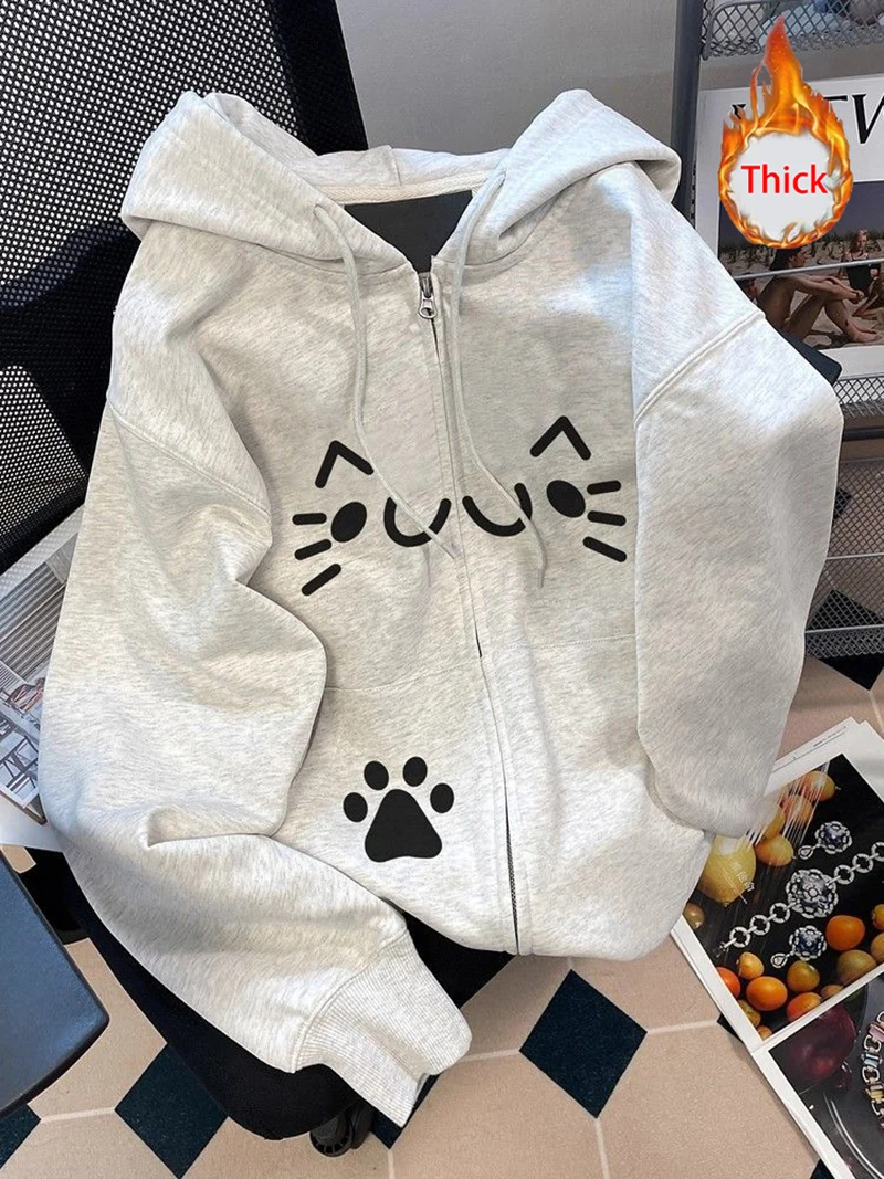 Women Cute Print Hoodies Winter Thick Warm Loose Preppy Style Kawaii Sweatshirts Casual Long Sleeve Female Sweet Zipper Chic Top