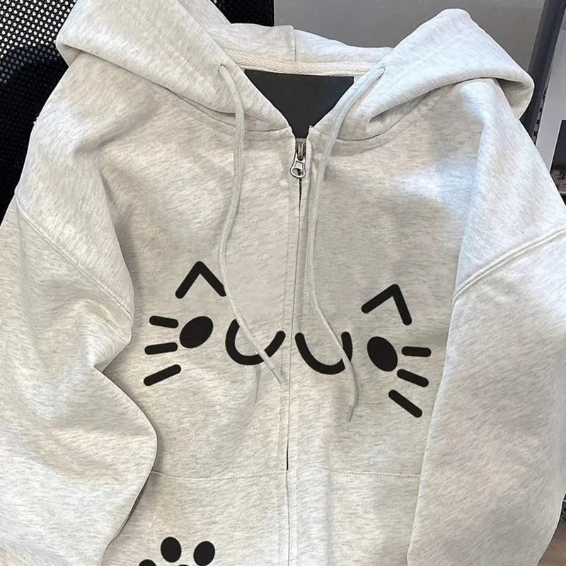 Women Cute Print Hoodies Winter Thick Warm Loose Preppy Style Kawaii Sweatshirts Casual Long Sleeve Female Sweet Zipper Chic Top