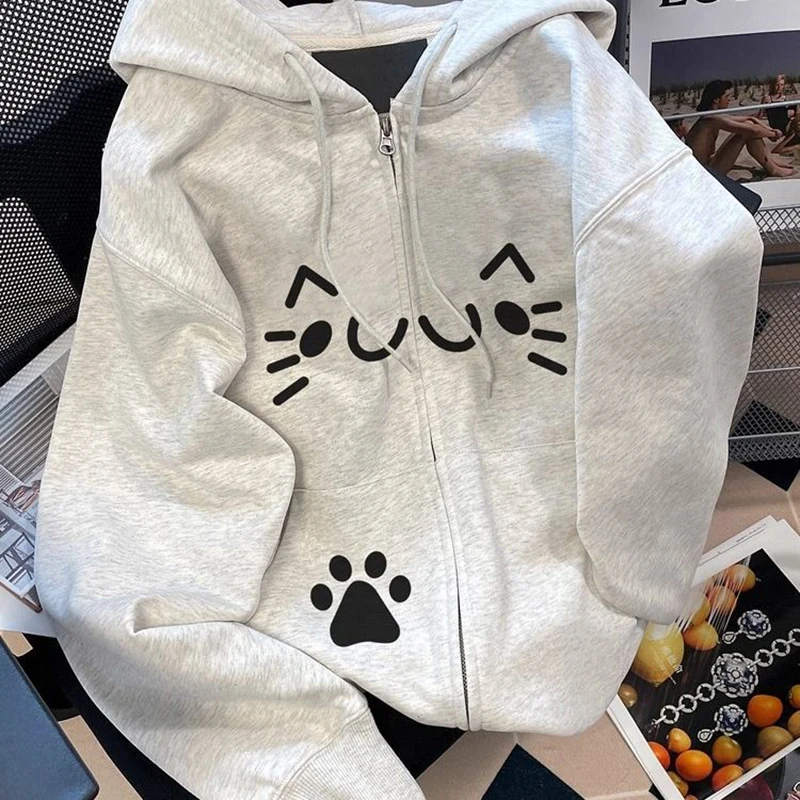 Women Cute Print Hoodies Winter Thick Warm Loose Preppy Style Kawaii Sweatshirts Casual Long Sleeve Female Sweet Zipper Chic Top