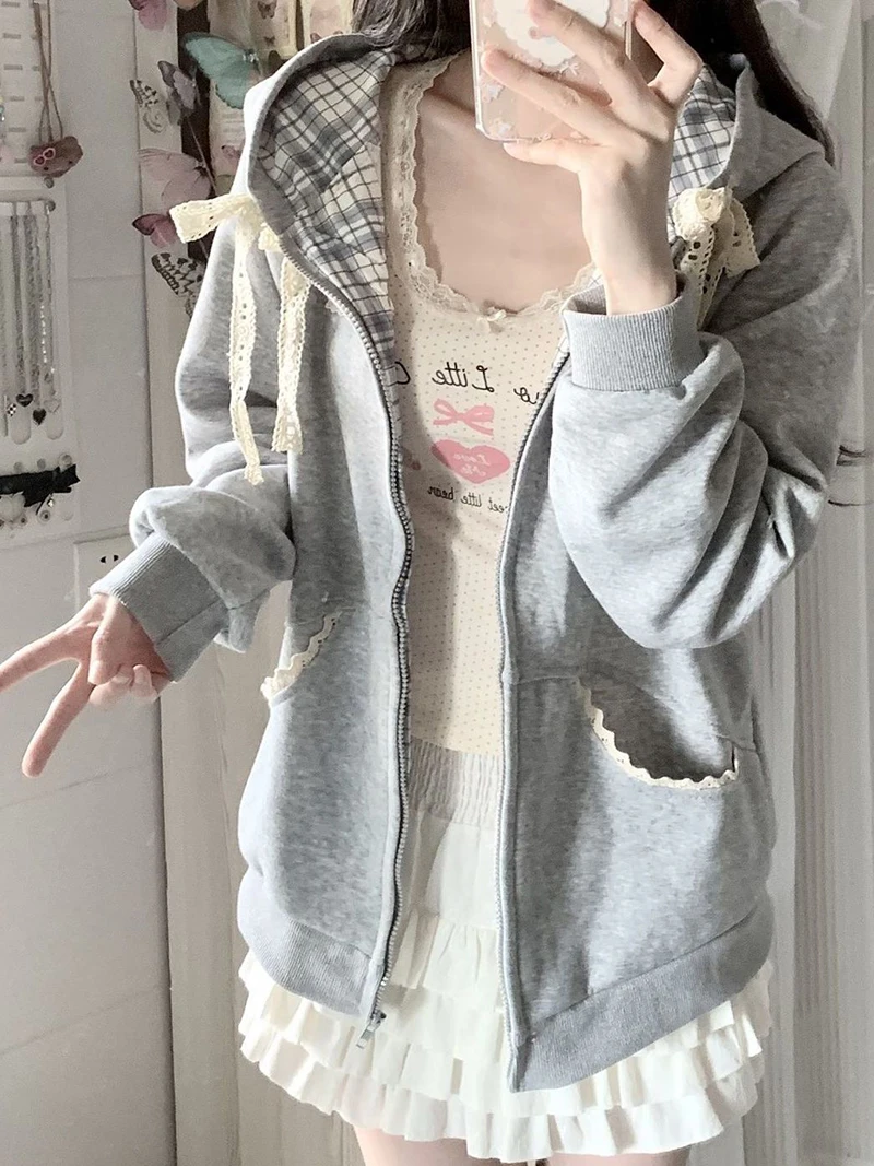 Kawaii Fleece Zip Up Hoodies Women Streetwear Bow Lace Patchwork Hooded Sweatshirts Winter Harajuku Cutecore Long Sleeve Jackets