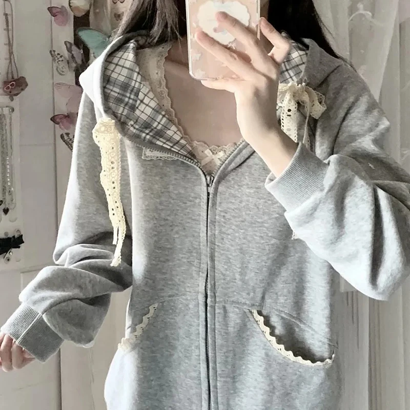 Kawaii Fleece Zip Up Hoodies Women Streetwear Bow Lace Patchwork Hooded Sweatshirts Winter Harajuku Cutecore Long Sleeve Jackets