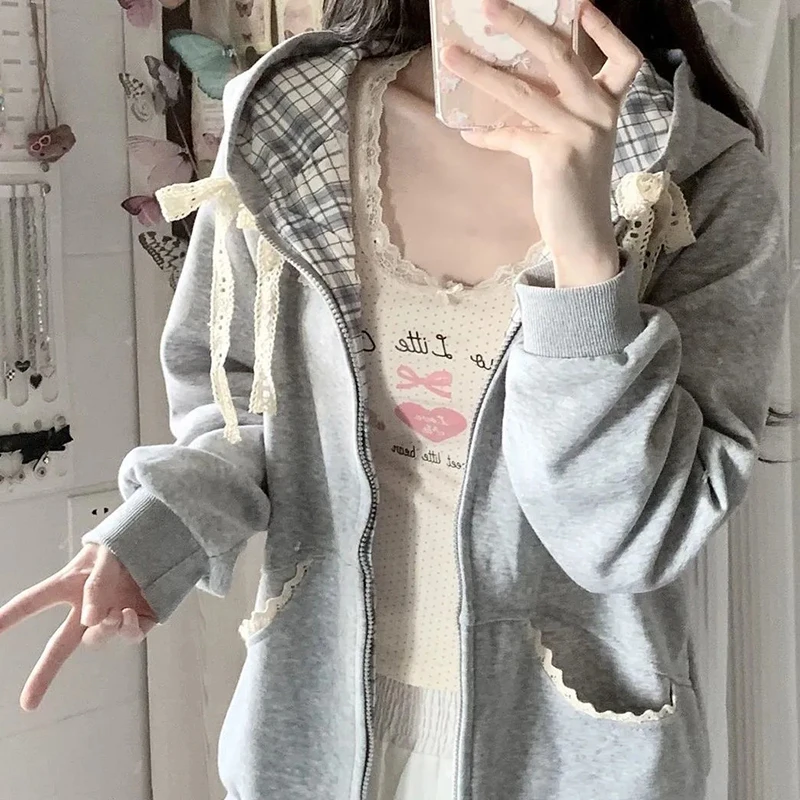 Kawaii Fleece Zip Up Hoodies Women Streetwear Bow Lace Patchwork Hooded Sweatshirts Winter Harajuku Cutecore Long Sleeve Jackets