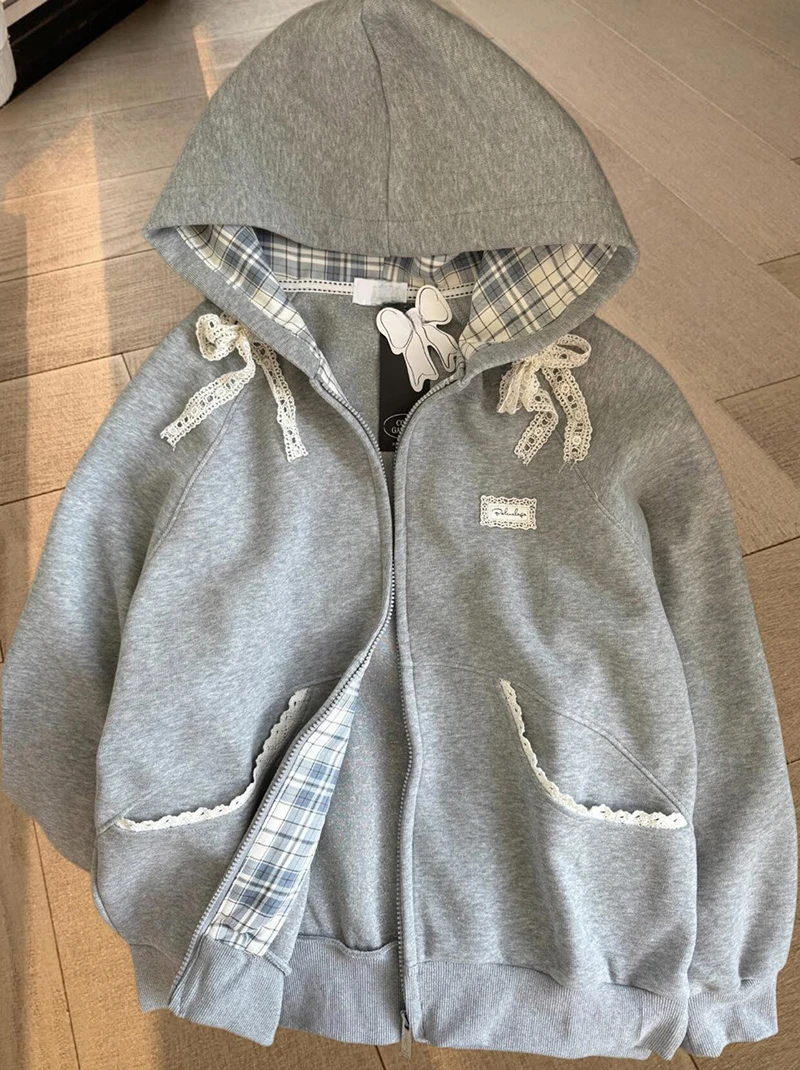 Kawaii Fleece Zip Up Hoodies Women Streetwear Bow Lace Patchwork Hooded Sweatshirts Winter Harajuku Cutecore Long Sleeve Jackets