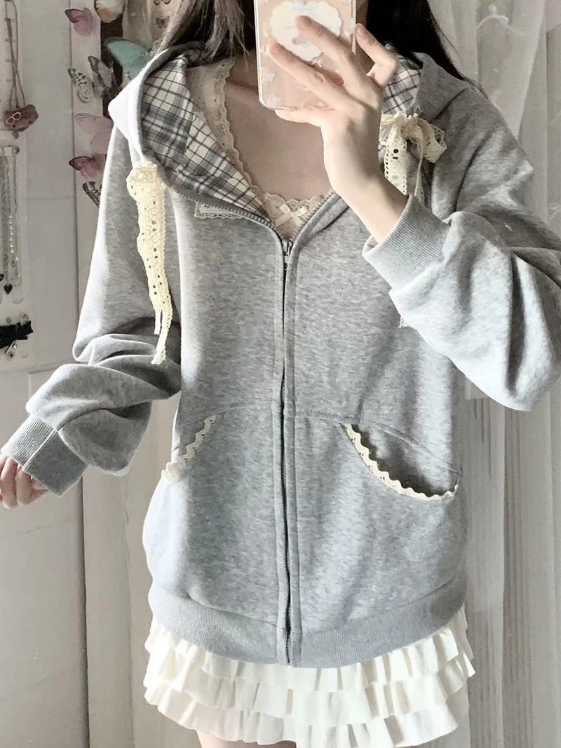 Kawaii Fleece Zip Up Hoodies Women Streetwear Bow Lace Patchwork Hooded Sweatshirts Winter Harajuku Cutecore Long Sleeve Jackets