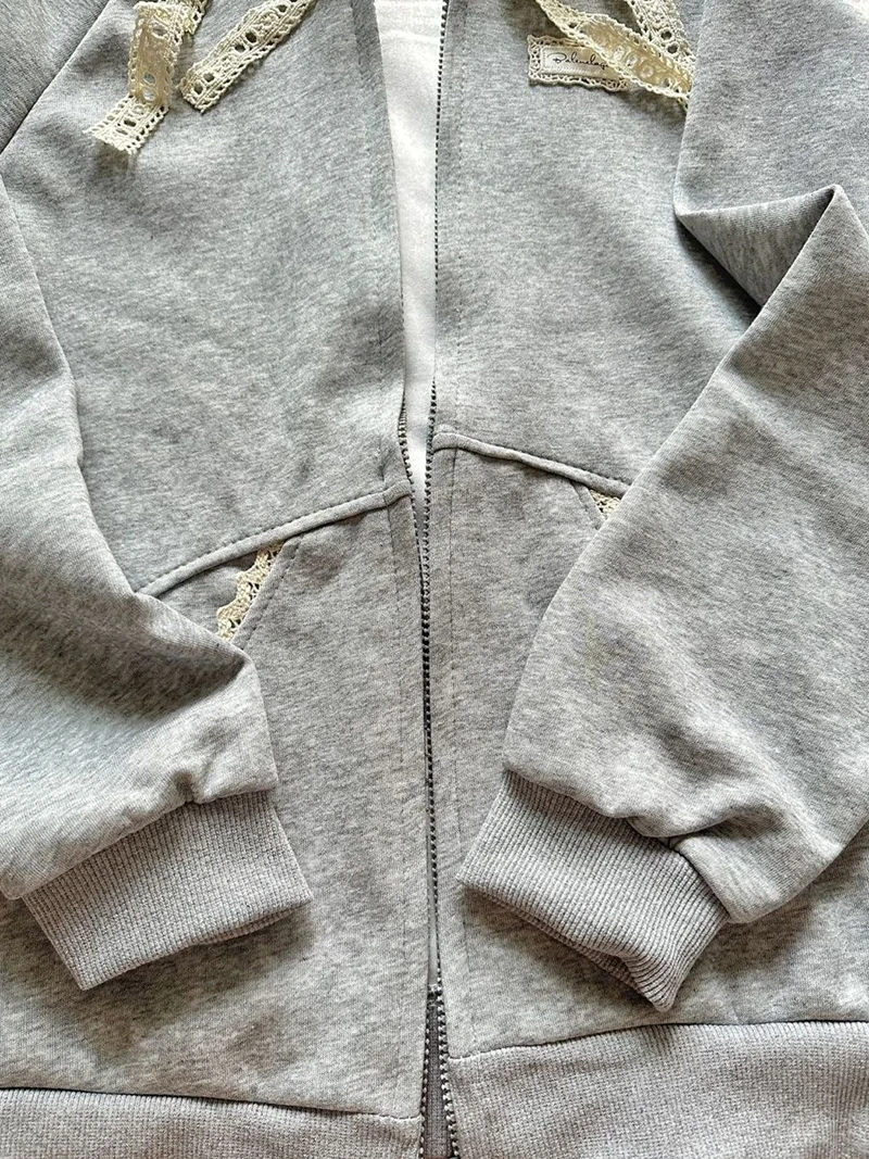 Kawaii Fleece Zip Up Hoodies Women Streetwear Bow Lace Patchwork Hooded Sweatshirts Winter Harajuku Cutecore Long Sleeve Jackets