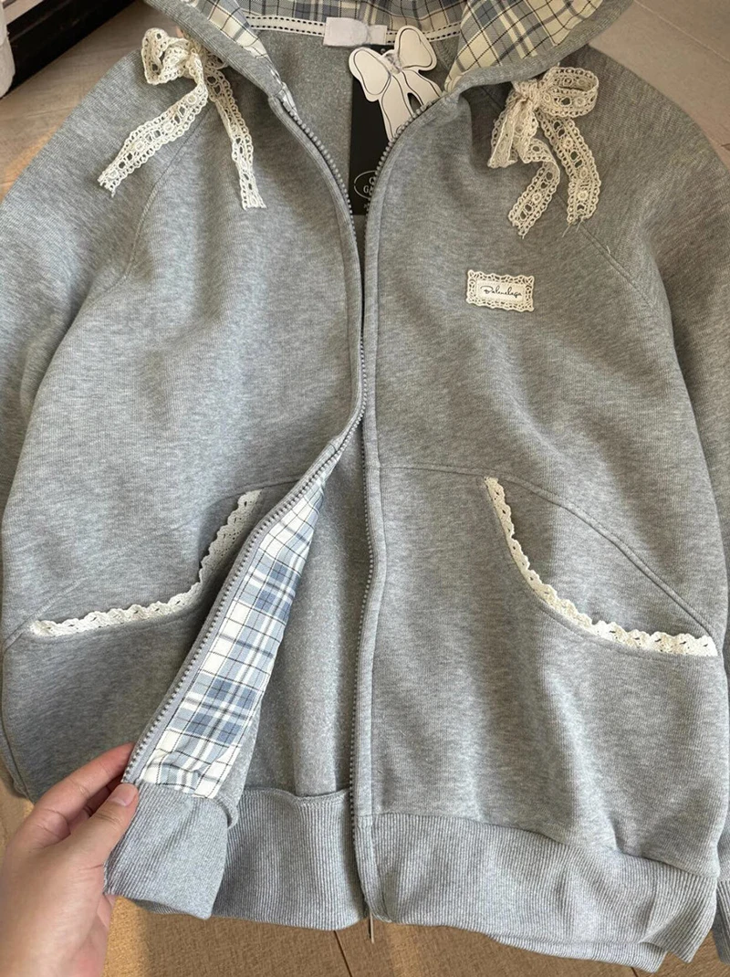 Kawaii Fleece Zip Up Hoodies Women Streetwear Bow Lace Patchwork Hooded Sweatshirts Winter Harajuku Cutecore Long Sleeve Jackets