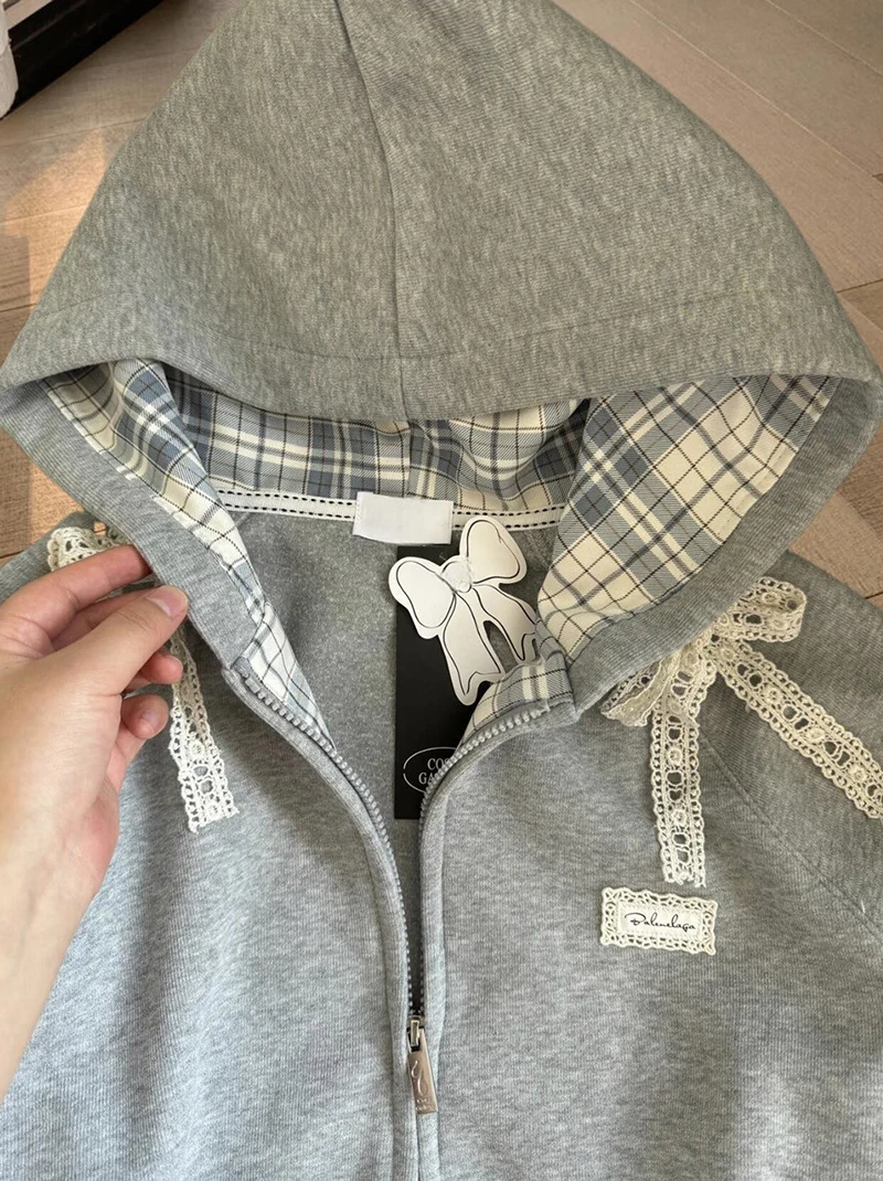 Kawaii Fleece Zip Up Hoodies Women Streetwear Bow Lace Patchwork Hooded Sweatshirts Winter Harajuku Cutecore Long Sleeve Jackets