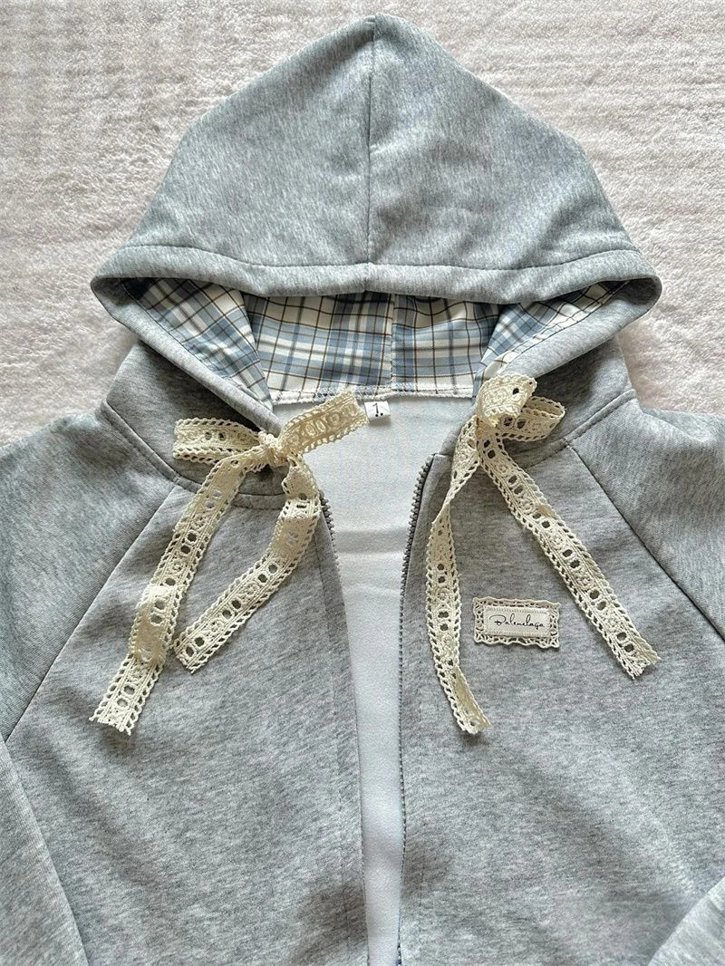 Kawaii Fleece Zip Up Hoodies Women Streetwear Bow Lace Patchwork Hooded Sweatshirts Winter Harajuku Cutecore Long Sleeve Jackets