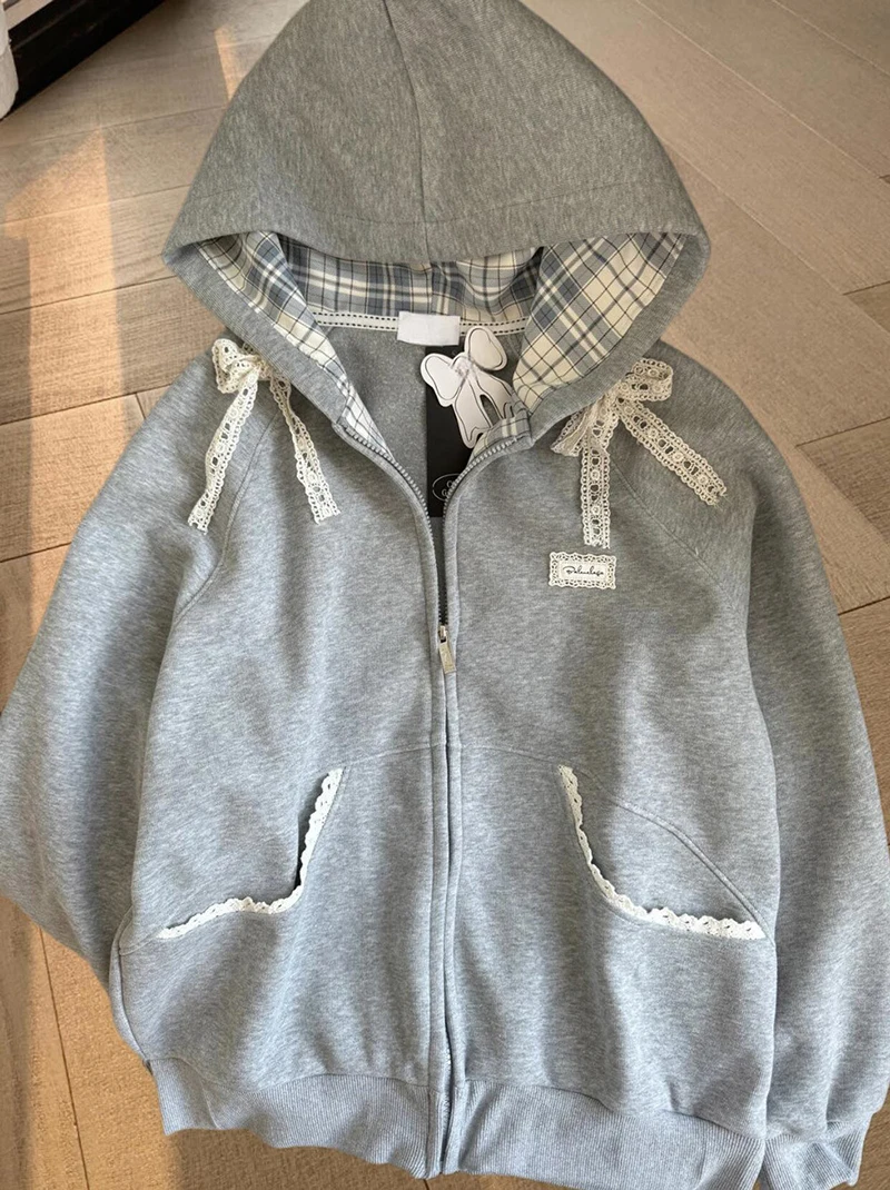 Kawaii Fleece Zip Up Hoodies Women Streetwear Bow Lace Patchwork Hooded Sweatshirts Winter Harajuku Cutecore Long Sleeve Jackets